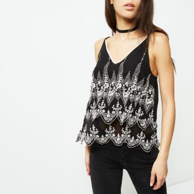 Black embroidered floral cami top